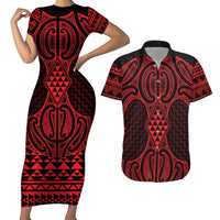 Whero Maori Ta Moko Poutama Art Couples Matching Short Sleeve Bodycon Dress and Hawaiian Shirt LT9 Red - Polynesian Pride