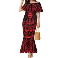 Whero Maori Ta Moko Poutama Art Family Matching Mermaid Dress and Hawaiian Shirt LT9 Mom's Dress Red - Polynesian Pride