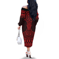 Whero Maori Ta Moko Poutama Art Family Matching Off The Shoulder Long Sleeve Dress and Hawaiian Shirt LT9 - Polynesian Pride