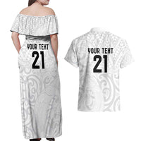 New Zealand Rangatira Custom Couples Matching Off Shoulder Maxi Dress and Hawaiian Shirt All White Niho Taniwha Maori Tribal LT9 - Polynesian Pride