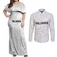 New Zealand Rangatira Custom Couples Matching Off Shoulder Maxi Dress and Long Sleeve Button Shirt All White Niho Taniwha Maori Tribal LT9 White - Polynesian Pride
