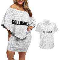 New Zealand Rangatira Custom Couples Matching Off Shoulder Short Dress and Hawaiian Shirt All White Niho Taniwha Maori Tribal LT9 White - Polynesian Pride