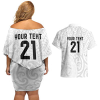 New Zealand Rangatira Custom Couples Matching Off Shoulder Short Dress and Hawaiian Shirt All White Niho Taniwha Maori Tribal LT9 - Polynesian Pride