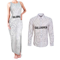 New Zealand Rangatira Custom Couples Matching Tank Maxi Dress and Long Sleeve Button Shirt All White Niho Taniwha Maori Tribal