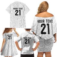 New Zealand Rangatira Custom Family Matching Off Shoulder Short Dress and Hawaiian Shirt All White Niho Taniwha Maori Tribal LT9 - Polynesian Pride