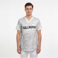 New Zealand Rangatira Custom Scrub Top All White Niho Taniwha Maori Tribal - Polynesian Pride