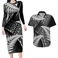 New Zealand Rugby Pacific Personalised Couples Matching Long Sleeve Bodycon Dress and Hawaiian Shirt All Black Maori Pasifika Fern Pattern LT9 Black - Polynesian Pride
