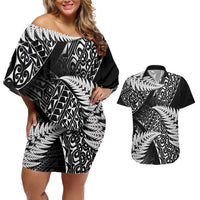 New Zealand Rugby Pacific Personalised Couples Matching Off Shoulder Short Dress and Hawaiian Shirt All Black Maori Pasifika Fern Pattern LT9 Black - Polynesian Pride