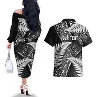 New Zealand Rugby Pacific Personalised Couples Matching Off The Shoulder Long Sleeve Dress and Hawaiian Shirt All Black Maori Pasifika Fern Pattern LT9 - Polynesian Pride