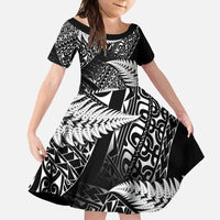 New Zealand Rugby Pacific Personalised Family Matching Short Sleeve Bodycon Dress and Hawaiian Shirt All Black Maori Pasifika Fern Pattern LT9 Daughter's Dress Black - Polynesian Pride