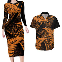 New Zealand Rugby Pacific Personalised Couples Matching Long Sleeve Bodycon Dress and Hawaiian Shirt All Gold Maori Pasifika Fern Pattern LT9 Gold - Polynesian Pride