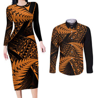 New Zealand Rugby Pacific Personalised Couples Matching Long Sleeve Bodycon Dress and Long Sleeve Button Shirt All Gold Maori Pasifika Fern Pattern LT9 Gold - Polynesian Pride