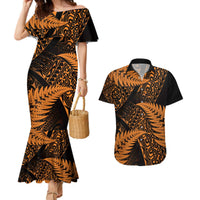 New Zealand Rugby Pacific Personalised Couples Matching Mermaid Dress and Hawaiian Shirt All Gold Maori Pasifika Fern Pattern LT9 Gold - Polynesian Pride