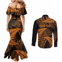 New Zealand Rugby Pacific Personalised Couples Matching Mermaid Dress and Long Sleeve Button Shirt All Gold Maori Pasifika Fern Pattern LT9 - Polynesian Pride