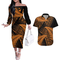 New Zealand Rugby Pacific Personalised Couples Matching Off The Shoulder Long Sleeve Dress and Hawaiian Shirt All Gold Maori Pasifika Fern Pattern LT9 Gold - Polynesian Pride