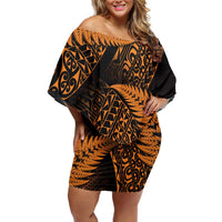 New Zealand Rugby Pacific Personalised Family Matching Off Shoulder Short Dress and Hawaiian Shirt All Gold Maori Pasifika Fern Pattern LT9 Mom's Dress Gold - Polynesian Pride