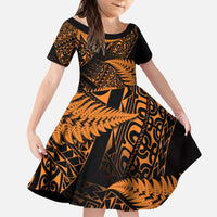 New Zealand Rugby Pacific Personalised Family Matching Puletasi and Hawaiian Shirt All Gold Maori Pasifika Fern Pattern LT9 Daughter's Dress Gold - Polynesian Pride