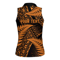 New Zealand Rugby Pacific Personalised Women Sleeveless Polo Shirt All Gold Maori Pasifika Fern Pattern