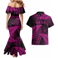 New Zealand Rugby Pacific Personalised Couples Matching Mermaid Dress and Hawaiian Shirt All Pink Maori Pasifika Fern Pattern LT9 - Polynesian Pride