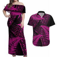 New Zealand Rugby Pacific Personalised Couples Matching Off Shoulder Maxi Dress and Hawaiian Shirt All Pink Maori Pasifika Fern Pattern LT9 Pink - Polynesian Pride