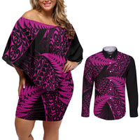 New Zealand Rugby Pacific Personalised Couples Matching Off Shoulder Short Dress and Long Sleeve Button Shirt All Pink Maori Pasifika Fern Pattern LT9 Pink - Polynesian Pride