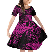 New Zealand Rugby Pacific Personalised Family Matching Off Shoulder Short Dress and Hawaiian Shirt All Pink Maori Pasifika Fern Pattern LT9 Daughter's Dress Pink - Polynesian Pride