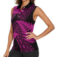 New Zealand Rugby Pacific Personalised Women Sleeveless Polo Shirt All Pink Maori Pasifika Fern Pattern