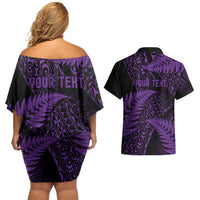 New Zealand Rugby Pacific Personalised Couples Matching Off Shoulder Short Dress and Hawaiian Shirt All Purple Maori Pasifika Fern Pattern LT9 - Polynesian Pride
