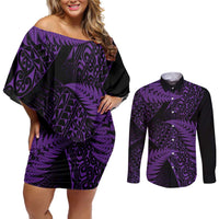 New Zealand Rugby Pacific Personalised Couples Matching Off Shoulder Short Dress and Long Sleeve Button Shirt All Purple Maori Pasifika Fern Pattern LT9 Purple - Polynesian Pride