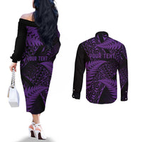 New Zealand Rugby Pacific Personalised Couples Matching Off The Shoulder Long Sleeve Dress and Long Sleeve Button Shirt All Purple Maori Pasifika Fern Pattern LT9 - Polynesian Pride