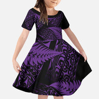 New Zealand Rugby Pacific Personalised Family Matching Long Sleeve Bodycon Dress and Hawaiian Shirt All Purple Maori Pasifika Fern Pattern LT9 Daughter's Dress Purple - Polynesian Pride