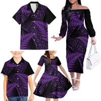 New Zealand Rugby Pacific Personalised Family Matching Off The Shoulder Long Sleeve Dress and Hawaiian Shirt All Purple Maori Pasifika Fern Pattern LT9 - Polynesian Pride