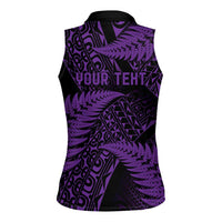 New Zealand Rugby Pacific Personalised Women Sleeveless Polo Shirt All Purple Maori Pasifika Fern Pattern