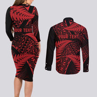 New Zealand Rugby Pacific Personalised Couples Matching Long Sleeve Bodycon Dress and Long Sleeve Button Shirt All Red Maori Pasifika Fern Pattern LT9 - Polynesian Pride