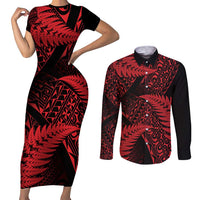 New Zealand Rugby Pacific Personalised Couples Matching Short Sleeve Bodycon Dress and Long Sleeve Button Shirt All Red Maori Pasifika Fern Pattern LT9 Red - Polynesian Pride