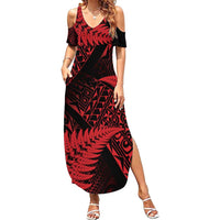New Zealand Rugby Pacific Personalised Family Matching Summer Maxi Dress and Hawaiian Shirt All Red Maori Pasifika Fern Pattern LT9 Mom's Dress Red - Polynesian Pride