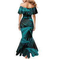 New Zealand Rugby Pacific Personalised Family Matching Mermaid Dress and Hawaiian Shirt All Turquoise Maori Pasifika Fern Pattern LT9 - Polynesian Pride