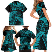New Zealand Rugby Pacific Personalised Family Matching Short Sleeve Bodycon Dress and Hawaiian Shirt All Turquoise Maori Pasifika Fern Pattern LT9 - Polynesian Pride