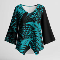 New Zealand Rugby Pacific Personalised Kimono Sleeve Blouse All Turquoise Maori Pasifika Fern Pattern - Polynesian Pride