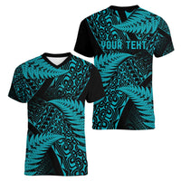 New Zealand Rugby Pacific Personalised Women V-Neck T-Shirt All Turquoise Maori Pasifika Fern Pattern LT9 - Polynesian Pride