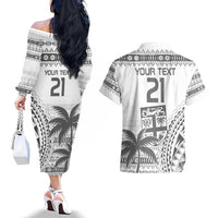 Custom Fiji Rugby Couples Matching Off The Shoulder Long Sleeve Dress and Hawaiian Shirt Polynesian Fijian Masi Palm Tree LT9 - Polynesian Pride
