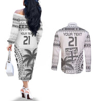 Custom Fiji Rugby Couples Matching Off The Shoulder Long Sleeve Dress and Long Sleeve Button Shirt Polynesian Fijian Masi Palm Tree LT9 - Polynesian Pride