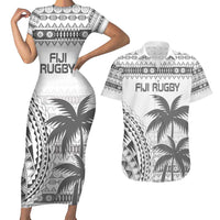 Custom Fiji Rugby Couples Matching Short Sleeve Bodycon Dress and Hawaiian Shirt Polynesian Fijian Masi Palm Tree LT9 White - Polynesian Pride