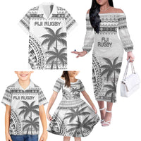 Custom Fiji Rugby Family Matching Off The Shoulder Long Sleeve Dress and Hawaiian Shirt Polynesian Fijian Masi Palm Tree LT9 - Polynesian Pride