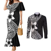 Lotu Tamaiti White Sunday Couples Matching Mermaid Dress and Long Sleeve Button Shirt Pacific Plumeria Flowers - Black Version LT9 Black - Polynesian Pride