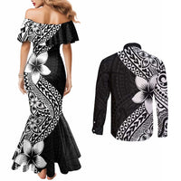 Lotu Tamaiti White Sunday Couples Matching Mermaid Dress and Long Sleeve Button Shirt Pacific Plumeria Flowers - Black Version LT9 - Polynesian Pride