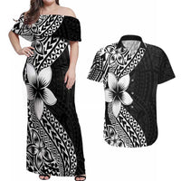 Lotu Tamaiti White Sunday Couples Matching Off Shoulder Maxi Dress and Hawaiian Shirt Pacific Plumeria Flowers - Black Version LT9 Black - Polynesian Pride