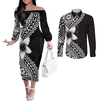 Lotu Tamaiti White Sunday Couples Matching Off The Shoulder Long Sleeve Dress and Long Sleeve Button Shirt Pacific Plumeria Flowers - Black Version LT9 Black - Polynesian Pride