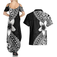 Lotu Tamaiti White Sunday Couples Matching Summer Maxi Dress and Hawaiian Shirt Pacific Plumeria Flowers - Black Version LT9 - Polynesian Pride