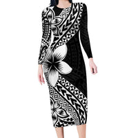 Lotu Tamaiti White Sunday Family Matching Long Sleeve Bodycon Dress and Hawaiian Shirt Pacific Plumeria Flowers - Black Version LT9 Mom's Dress Black - Polynesian Pride